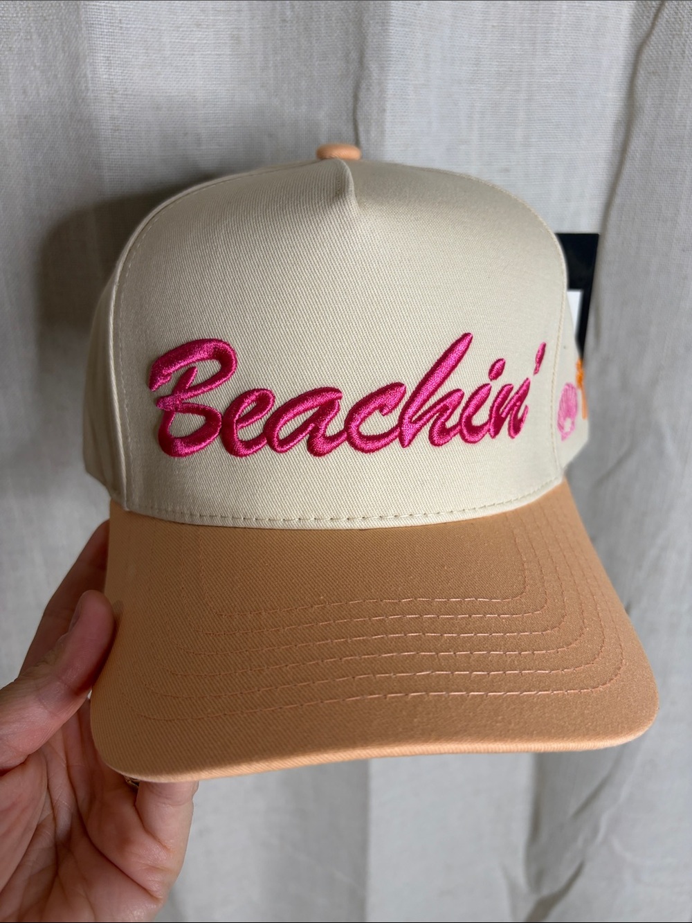 C.C Cream and Peach "Beachin'" Hat with Hot Pink Embroidery